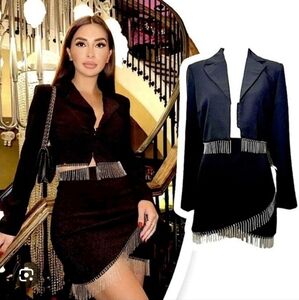 HOUSE OF HARLOW 1960 RHINESTONE FRINGE BLAZER JACKET & Mini SKIRT SET S NEW smal